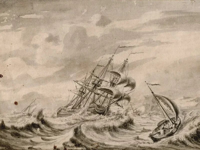 1698-Pieter Portier - Nave mercantile in condizioni meteorologiche tempestose